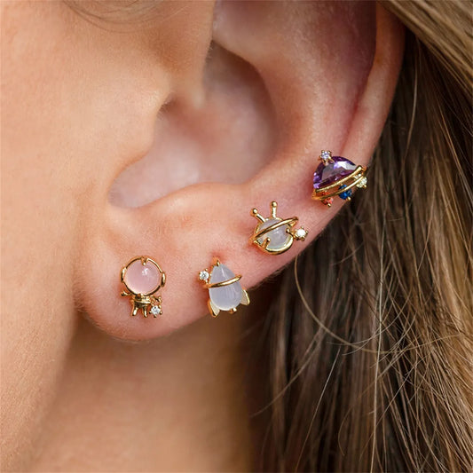 Lady Geometric Brass Ear Studs Metal Gem Copper Earrings