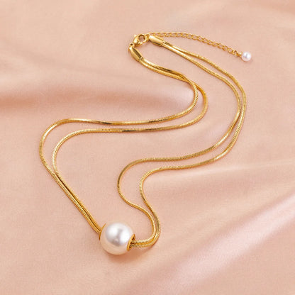 Lady Geometric Imitation Pearl Titanium Steel Pearl Layered Necklaces