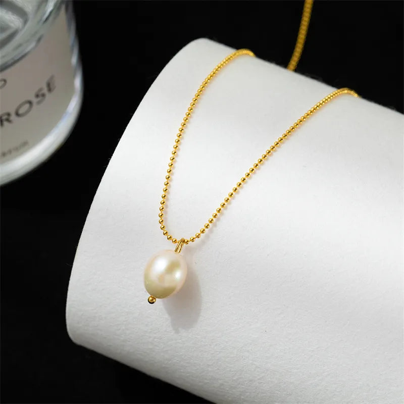 Lady Geometric Imitation Pearl Titanium Steel Pendant Necklace