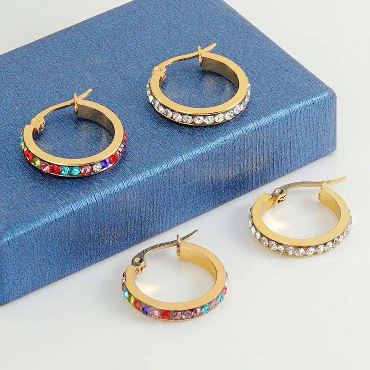 1 Pair Lady Geometric Inlay Titanium Steel Rhinestones 18k Gold Plated Hoop Earrings