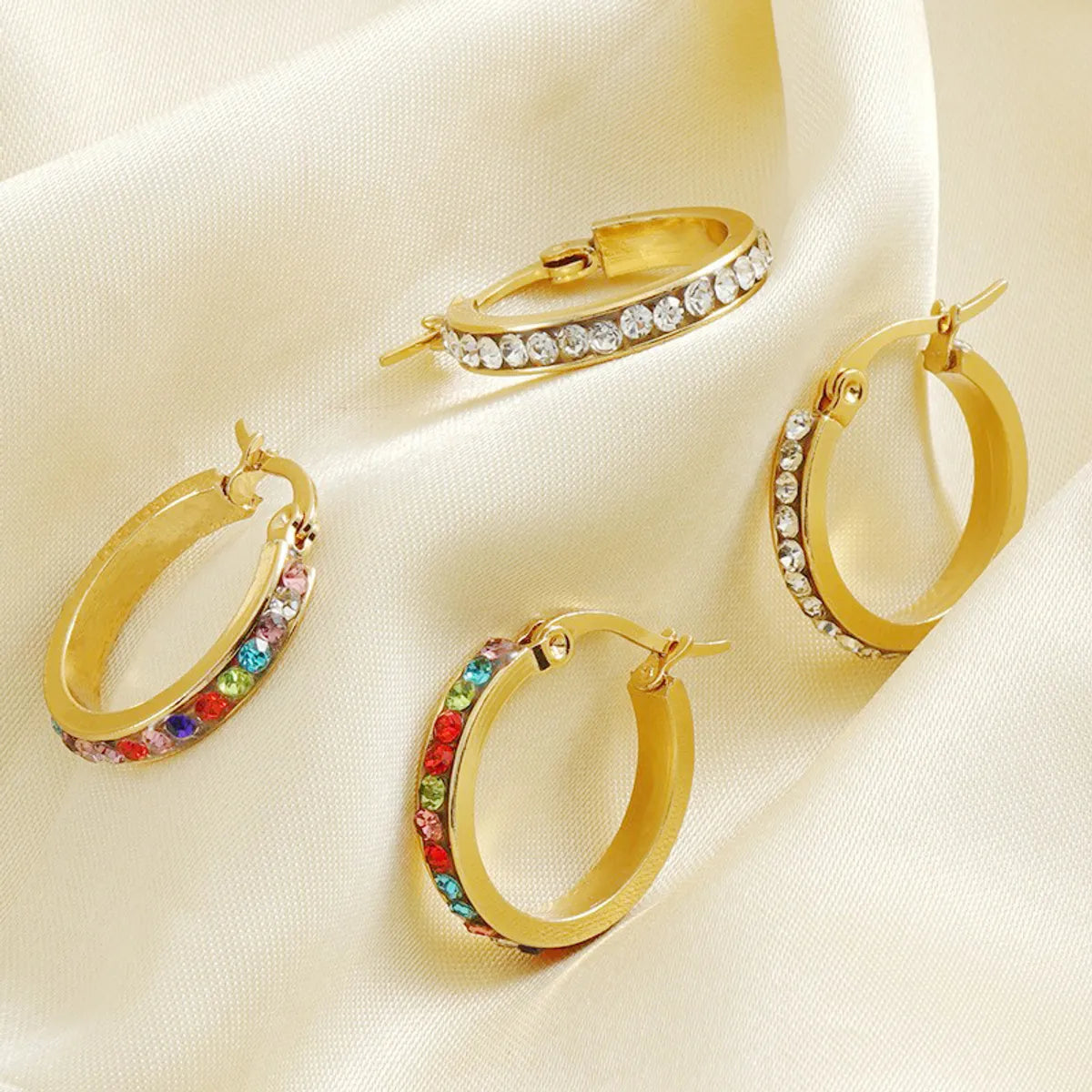 1 Pair Lady Geometric Inlay Titanium Steel Rhinestones 18k Gold Plated Hoop Earrings