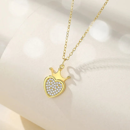 Lady Heart Shape Crown Sterling Silver Plating Inlay Zircon Pendant Necklace