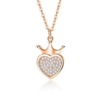 Lady Heart Shape Crown Sterling Silver Plating Inlay Zircon Pendant Necklace