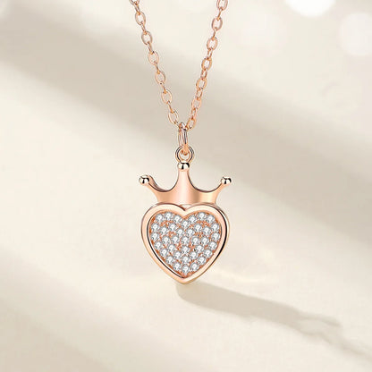 Lady Heart Shape Crown Sterling Silver Plating Inlay Zircon Pendant Necklace