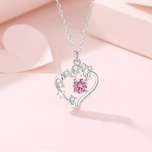 Lady Heart Shape Sterling Silver Plating Inlay Zircon Pendant Necklace