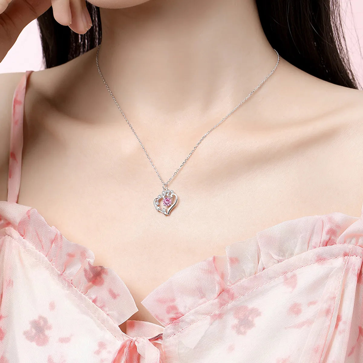 Lady Heart Shape Sterling Silver Plating Inlay Zircon Pendant Necklace