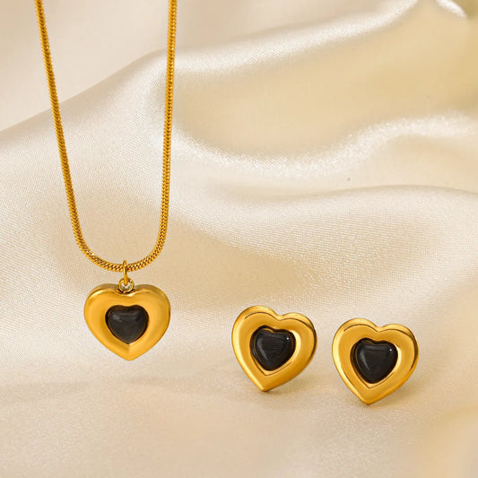 Titanium Steel 18K Gold Plated Lady Plating Inlay Heart Shape Artificial Gemstones Earrings Necklace