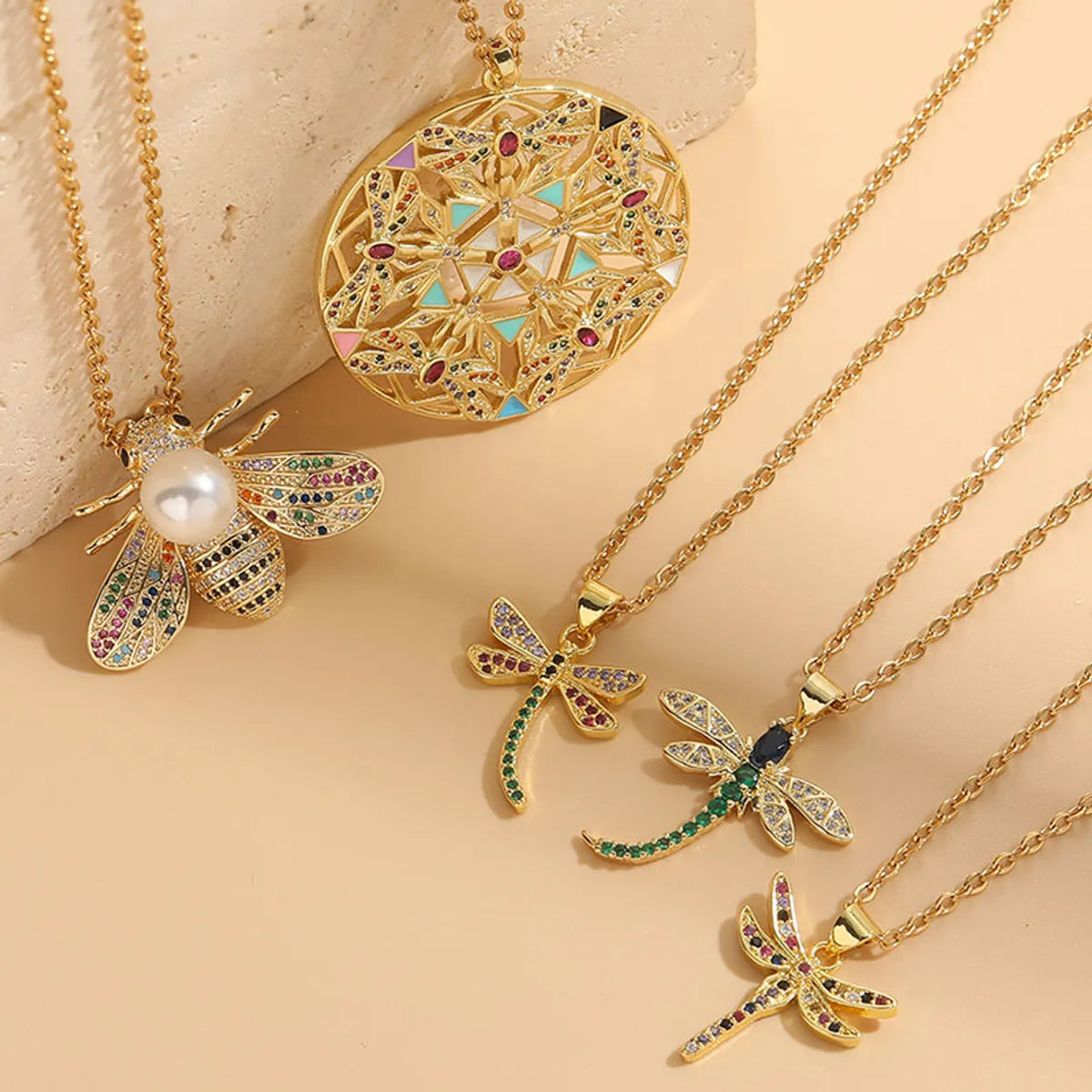 Lady Insect Titanium Steel Copper Irregular Plating Inlay Zircon 14k Gold Plated Pendant Necklace