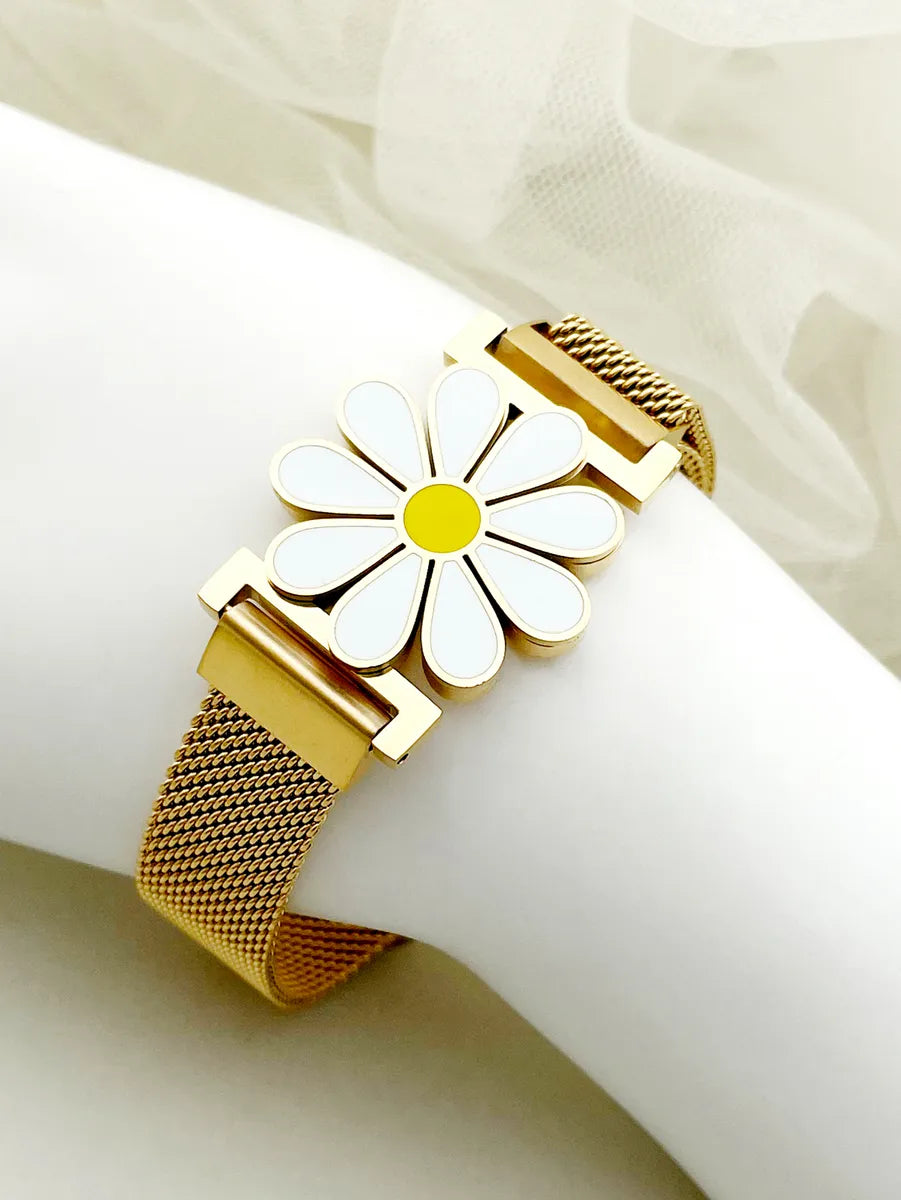 Lady Korean Style Flower Stainless Steel Enamel Plating 14k Gold Plated Bracelets