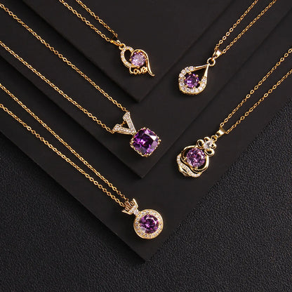 Lady Korean Style Geometric Square Heart Shape Copper Plating Inlay Zircon Pendant Necklace