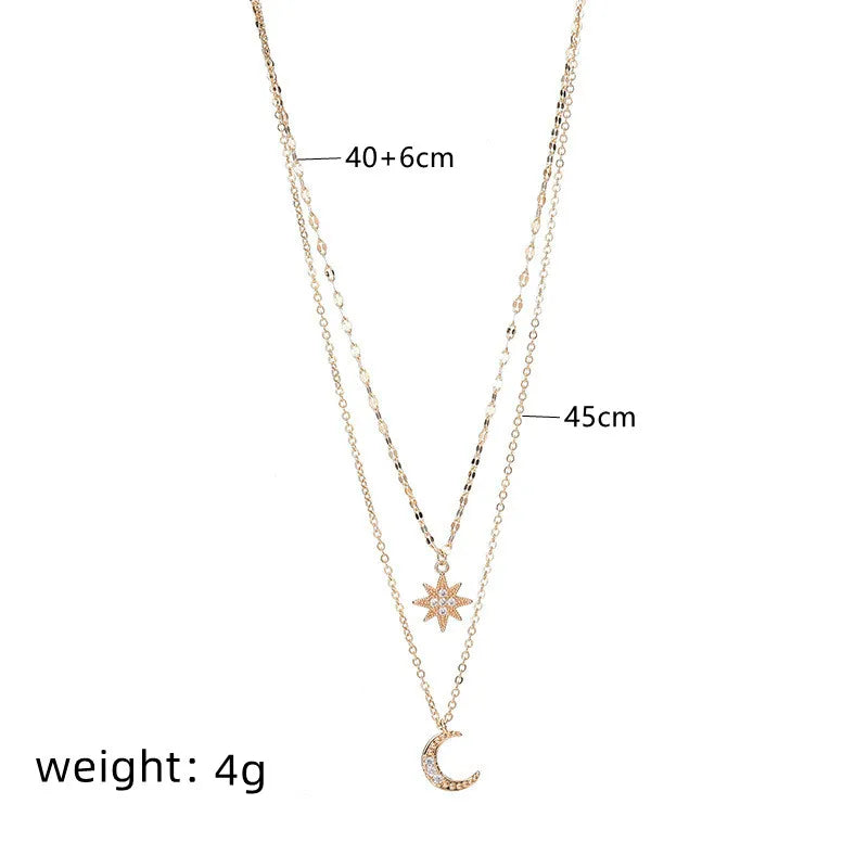 Lady Korean Style Star Moon Copper Inlay Zircon White Gold Plated Gold Plated Layered Necklaces