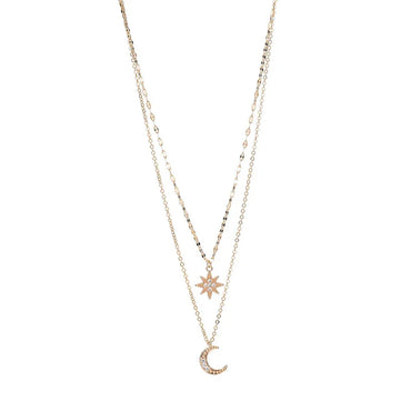 Lady Korean Style Star Moon Copper Inlay Zircon White Gold Plated Gold Plated Layered Necklaces