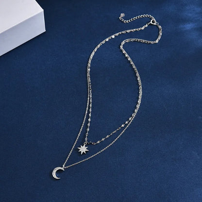 Lady Korean Style Star Moon Copper Inlay Zircon White Gold Plated Gold Plated Layered Necklaces