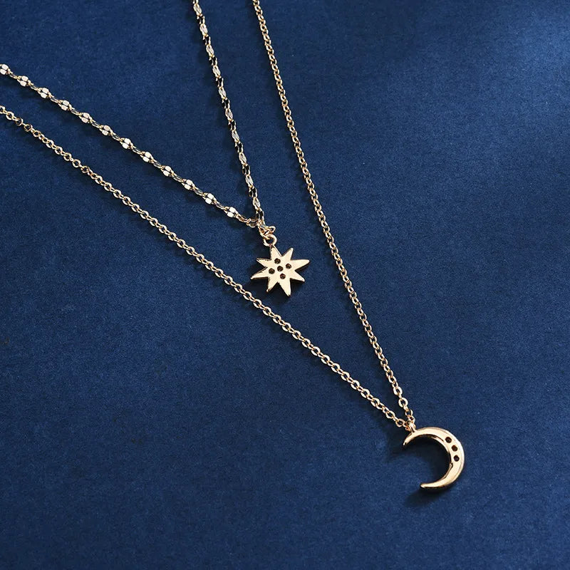 Lady Korean Style Star Moon Copper Inlay Zircon White Gold Plated Gold Plated Layered Necklaces