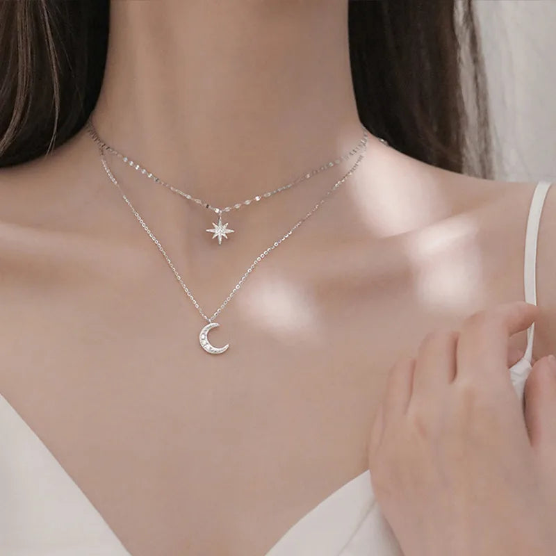 Lady Korean Style Star Moon Copper Inlay Zircon White Gold Plated Gold Plated Layered Necklaces