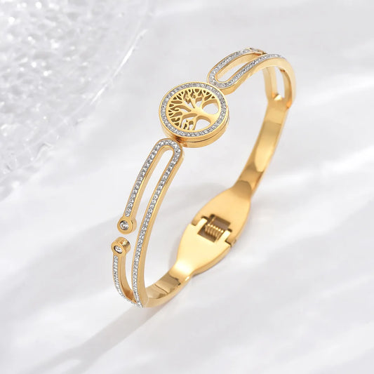 Lady Life Tree Stainless Steel Plating Inlay Zircon 14k Gold Plated Bangle