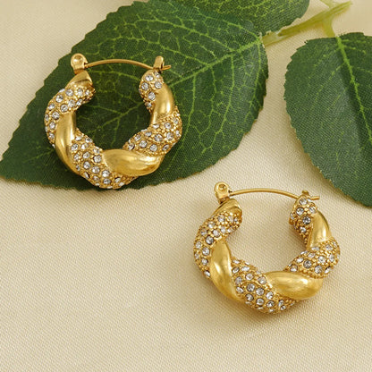 1 Pair Lady Round Gold Plated Stainless Steel Rhinestones Gold Plated Earrings