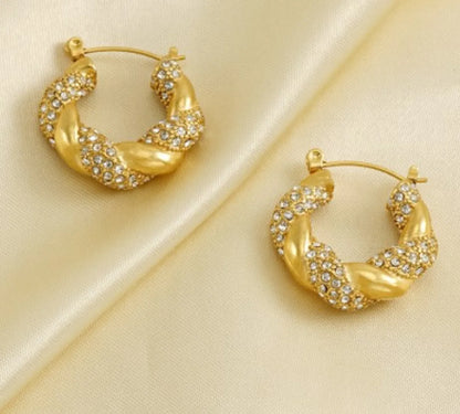 1 Pair Lady Round Gold Plated Stainless Steel Rhinestones Gold Plated Earrings