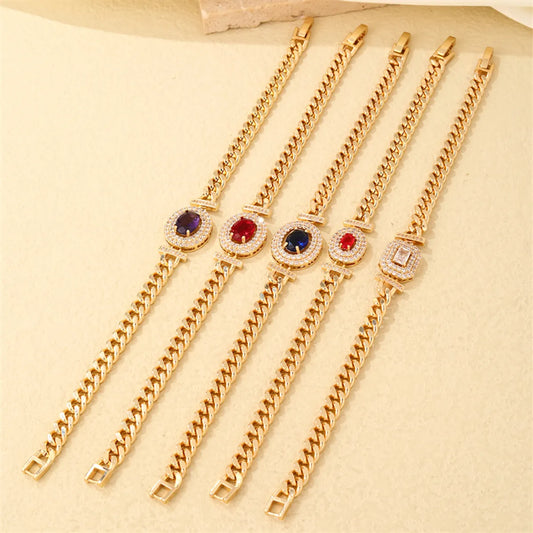 Lady Shiny Oval Stainless Steel Plating Inlay Zircon Gold Plated Bracelets