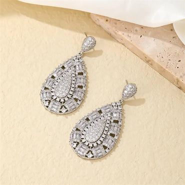 Lady Shiny Water Droplets Copper Plating Hollow Out Inlay Zircon White Gold Plated Earrings Necklace