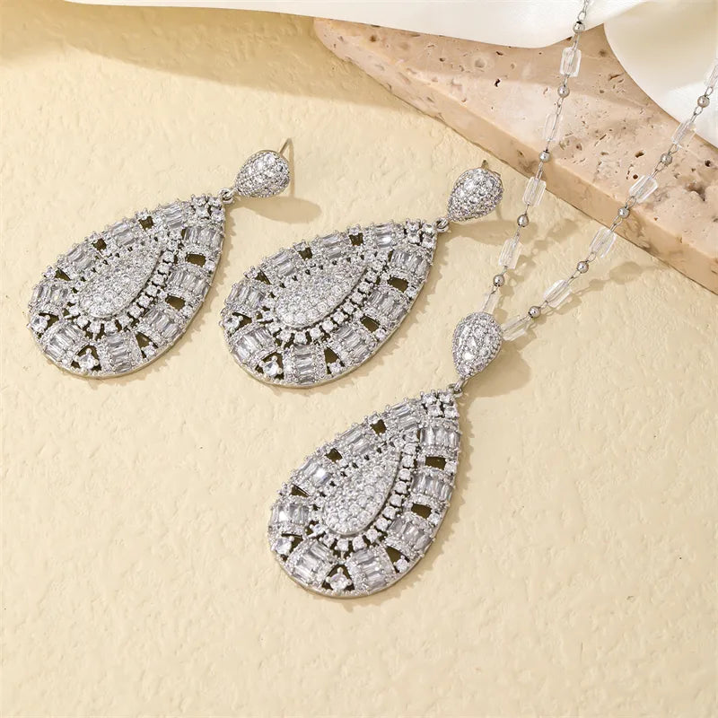 Lady Shiny Water Droplets Copper Plating Hollow Out Inlay Zircon White Gold Plated Earrings Necklace