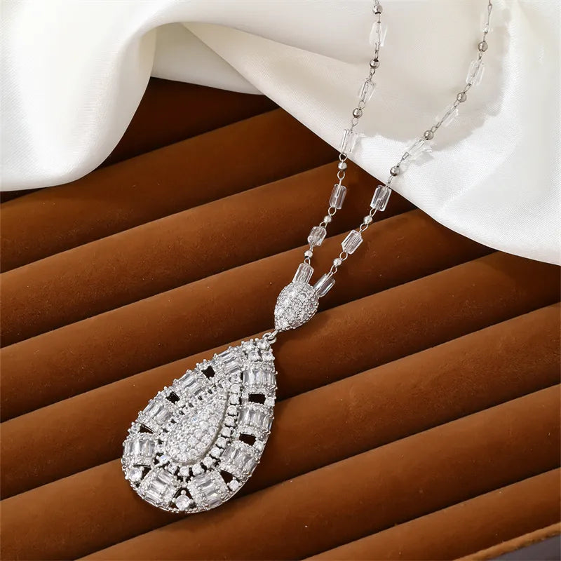 Lady Shiny Water Droplets Copper Plating Hollow Out Inlay Zircon White Gold Plated Earrings Necklace