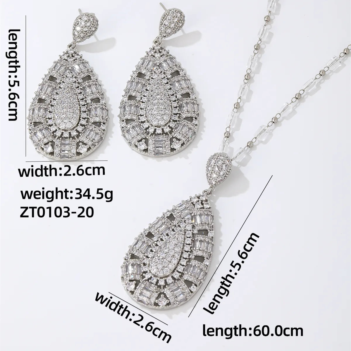 Lady Shiny Water Droplets Copper Plating Hollow Out Inlay Zircon White Gold Plated Earrings Necklace