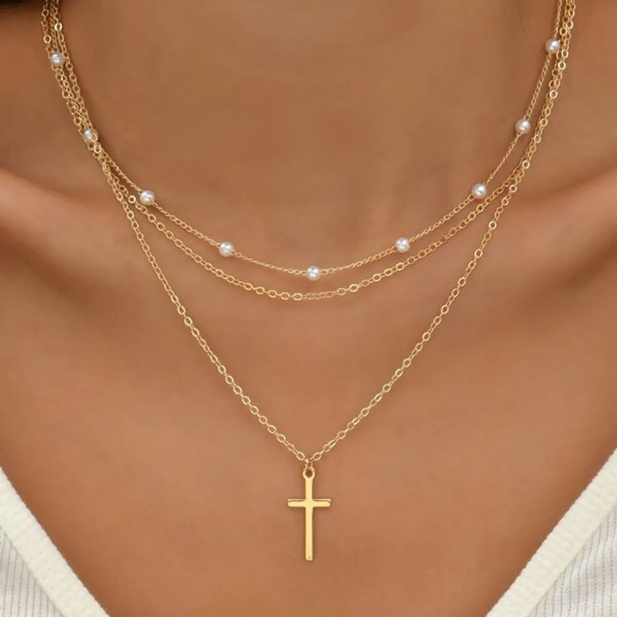 Lady Simple Style Cross White Gold Plated Gold Plated Imitation Pearl Alloy Wholesale Double Layer Necklaces Pendant Necklace