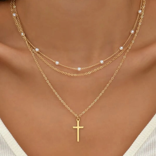 Lady Simple Style Cross White Gold Plated Gold Plated Imitation Pearl Alloy Wholesale Double Layer Necklaces Pendant Necklace