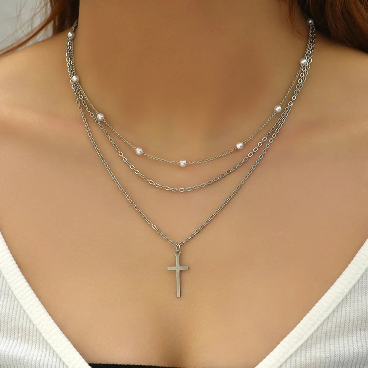 Lady Simple Style Cross White Gold Plated Gold Plated Imitation Pearl Alloy Wholesale Double Layer Necklaces Pendant Necklace