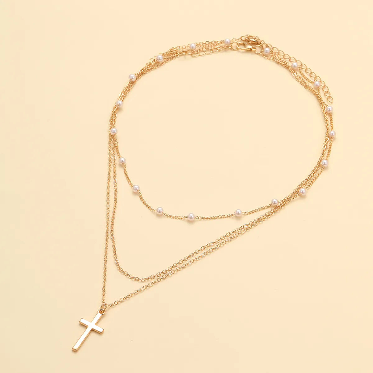 Lady Simple Style Cross White Gold Plated Gold Plated Imitation Pearl Alloy Wholesale Double Layer Necklaces Pendant Necklace