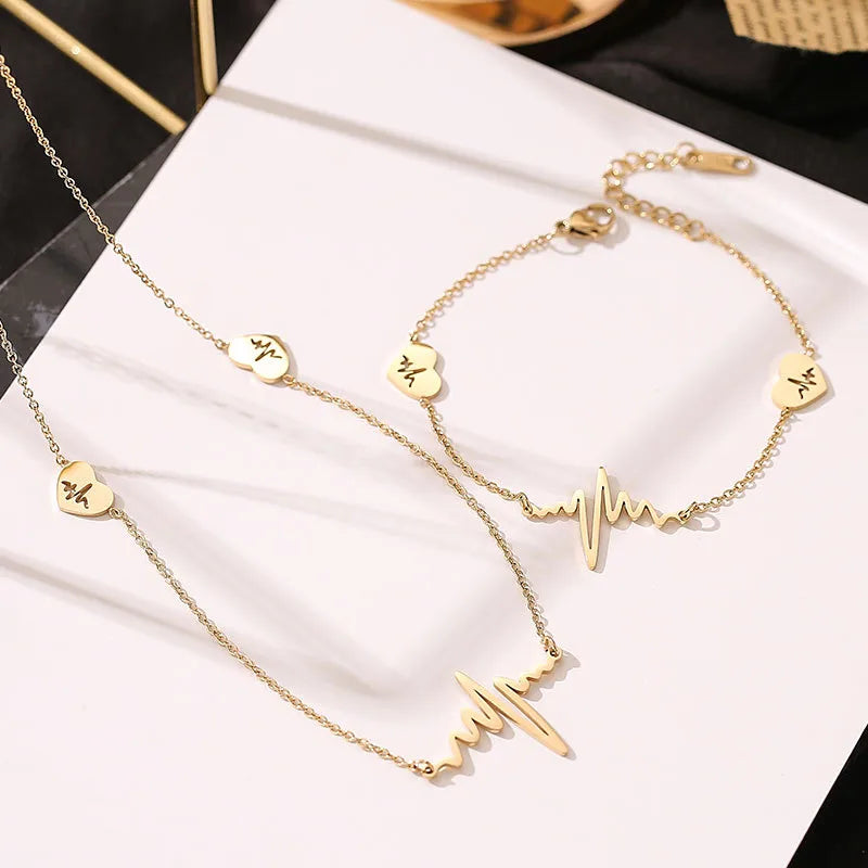 Wholesale Jewelry Lady Streetwear Electrocardiogram 304 Stainless Steel Zircon Gold Plated Plating Inlay Bracelets Necklace