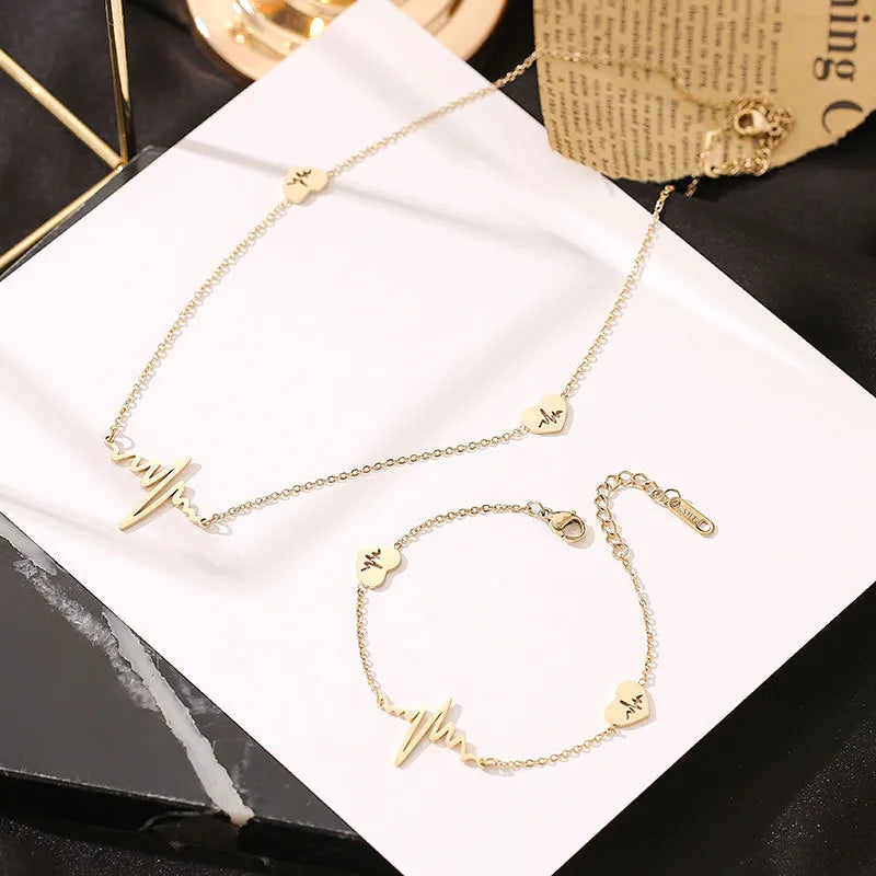 Wholesale Jewelry Lady Streetwear Electrocardiogram 304 Stainless Steel Zircon Gold Plated Plating Inlay Bracelets Necklace