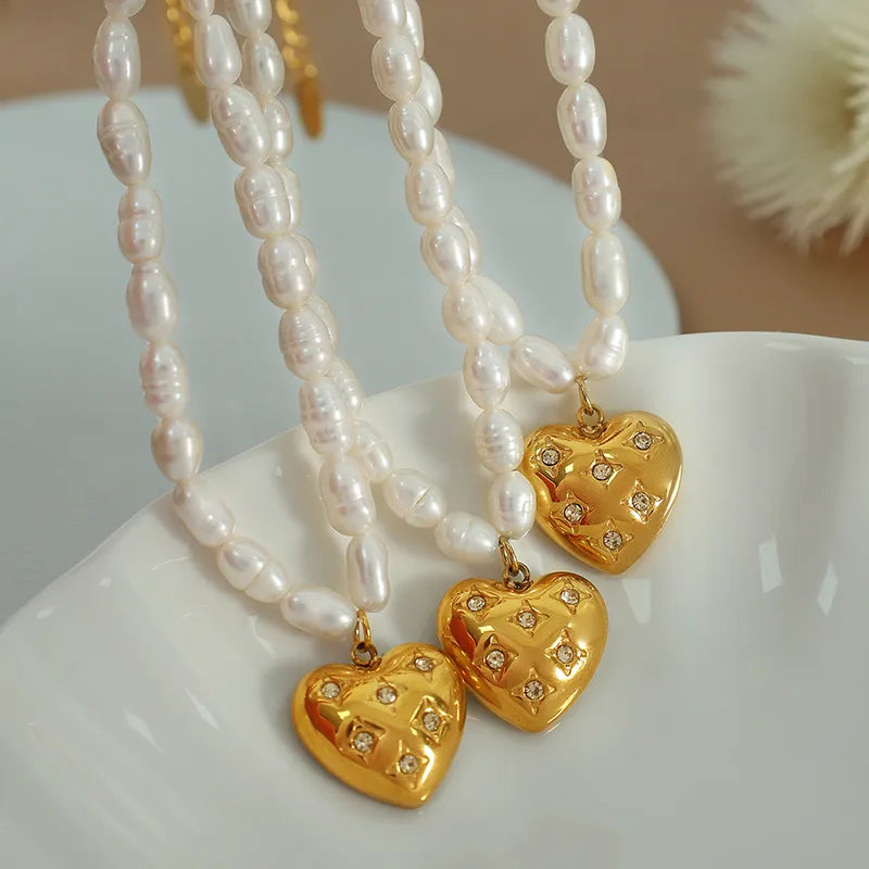 Lady Streetwear Heart Shape Freshwater Pearl Titanium Steel Plating Inlay Rhinestones 18k Gold Plated Women'S Earrings Necklace