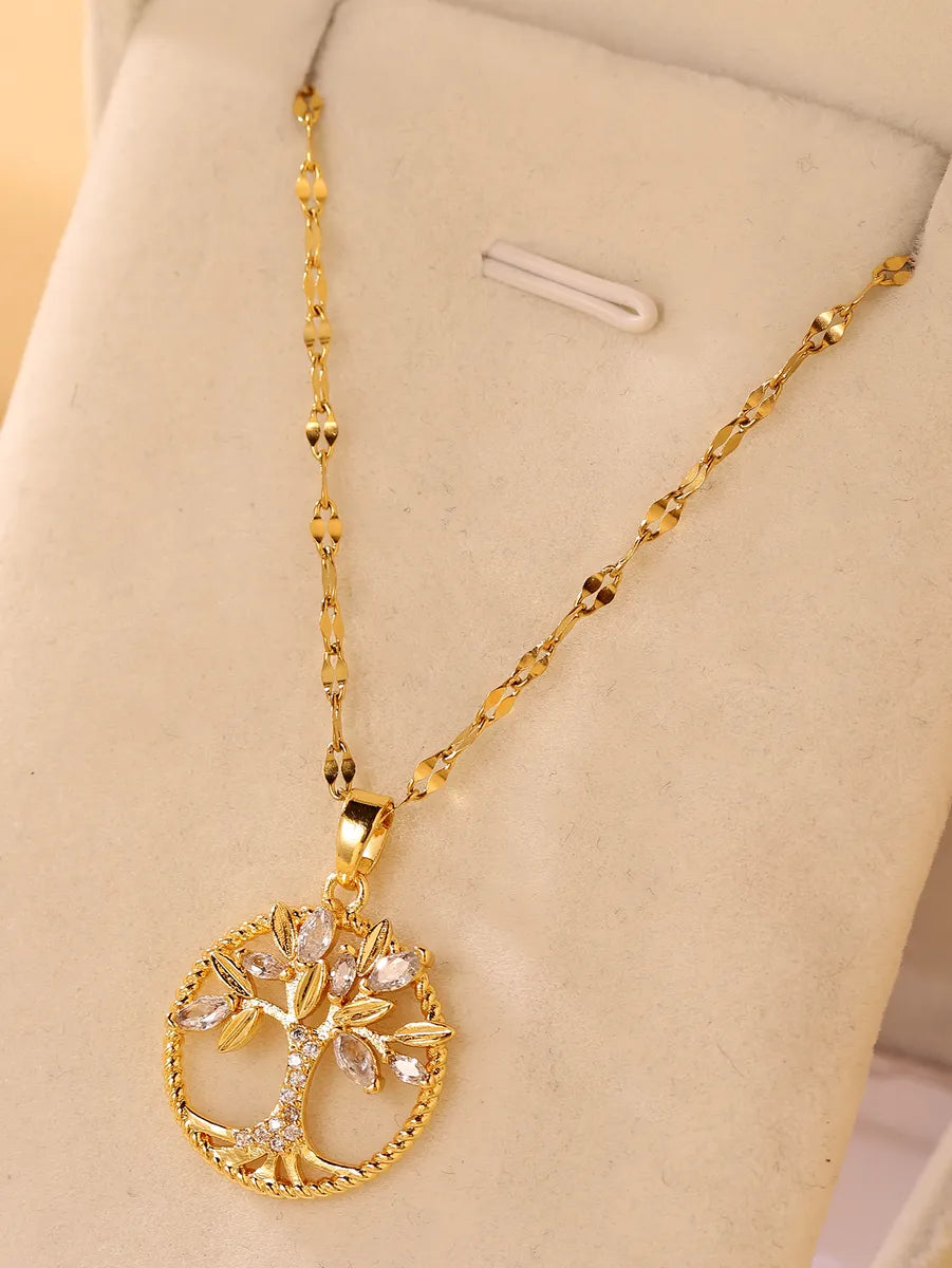 Lady Tree Stainless Steel Plating Hollow Out Inlay Zircon 18k Gold Plated Necklace