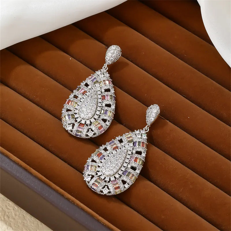 Lady Water Droplets Copper Plating Inlay Zircon White Gold Plated Earrings Necklace