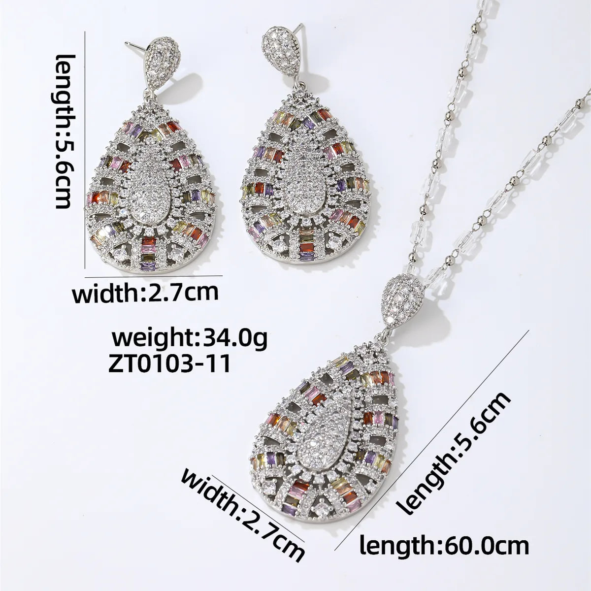 Lady Water Droplets Copper Plating Inlay Zircon White Gold Plated Earrings Necklace