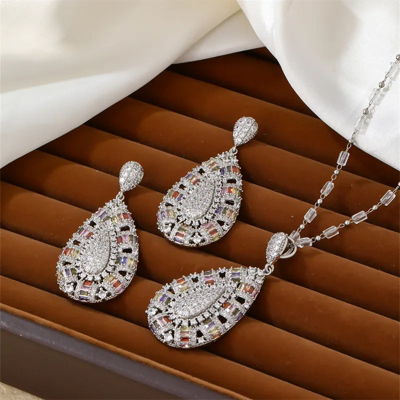 Lady Water Droplets Copper Plating Inlay Zircon White Gold Plated Earrings Necklace