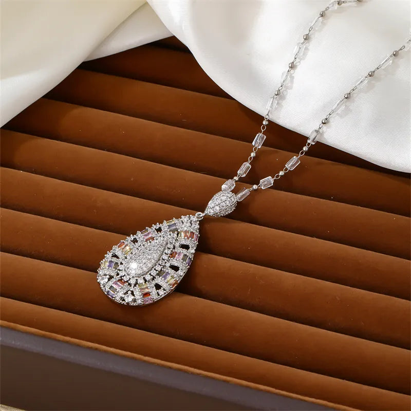 Lady Water Droplets Copper Plating Inlay Zircon White Gold Plated Earrings Necklace