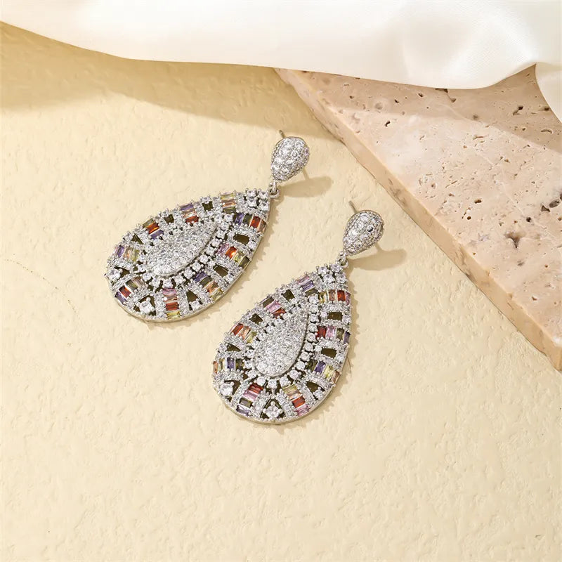 Lady Water Droplets Copper Plating Inlay Zircon White Gold Plated Earrings Necklace