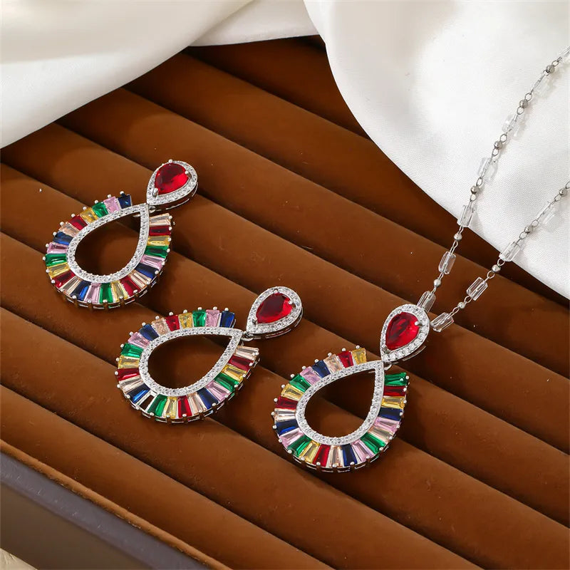 Lady Water Droplets Copper Plating Inlay Zircon White Gold Plated Earrings Necklace