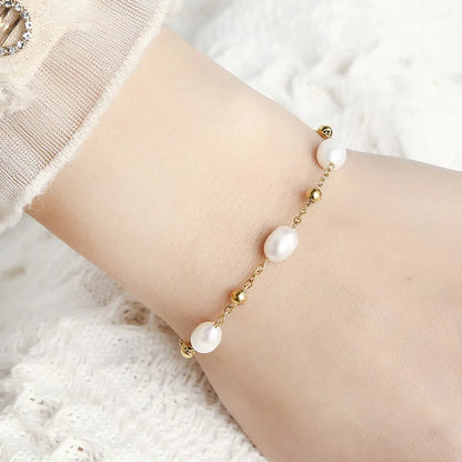 Lady Water Droplets Stainless Steel Freshwater Pearl Beaded Bracelets