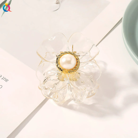 Large Acrylic Floral Pearl Hair Claw Clip For Women Handmade Pastoral Style Hairpin With Elegant Flower Design