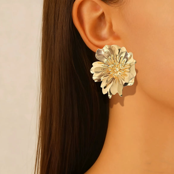 Large Flower Stud Earrings For Women Retro Exaggerated Sequin Design Electroplated Iron Statement Jewelry