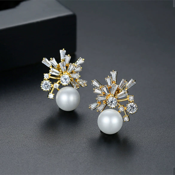 Large Geometric Copper Pearl And Zircon Drop Earrings With Electroplated Finish For Women