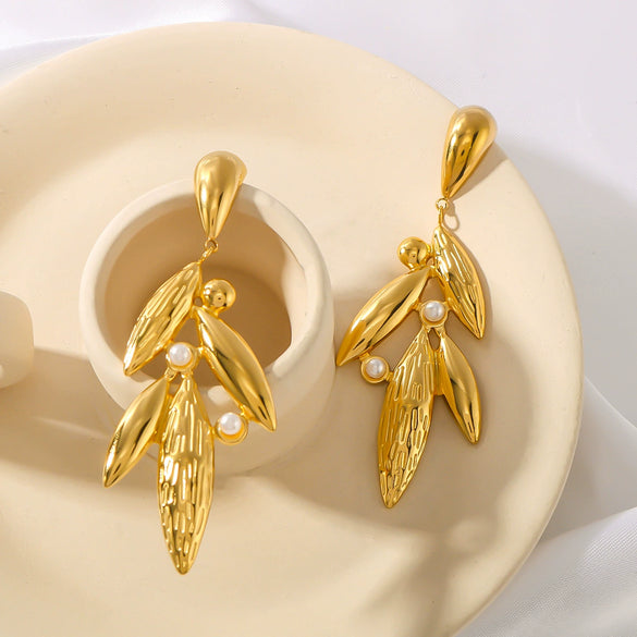 Leaf Earrings For Women Geometric Stainless Steel With Pearl Inlay And 18K Gold Plated Finish