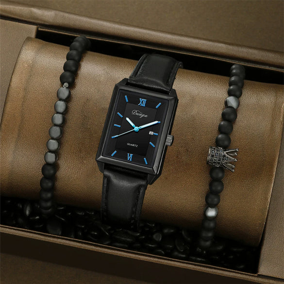 Leather Alloy Pu Stainless Steel Casual Men's Square Quartz Watch