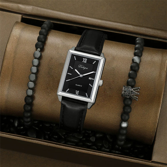 Leather Alloy Pu Stainless Steel Casual Men's Square Quartz Watch