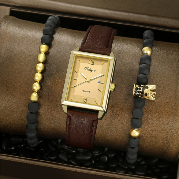 Leather Alloy Pu Stainless Steel Casual Men's Square Quartz Watch