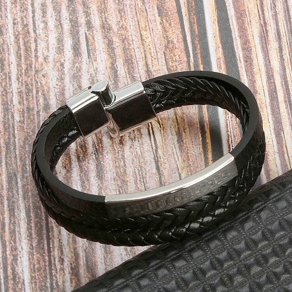 Leather And Stainless Steel Handwoven Magnetic Bracelets For Men Geometric Electroplated Jewelry